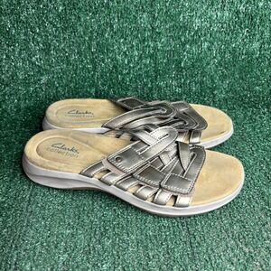 Clarks Maelynn Abby Strappy Metallic Comfort Casual Slide Sandals Pewter Women 8
